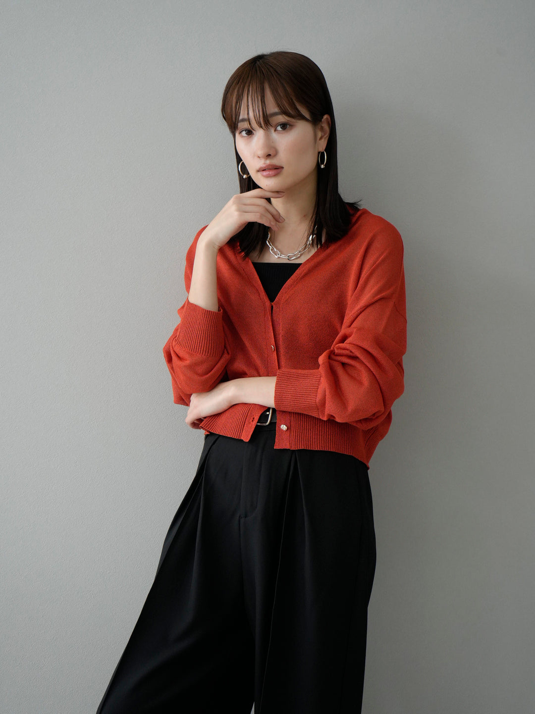 [SET] Lame sheer knit cardigan + double strap cut rib bra camisole + design tuck wide pants S (3 sets)