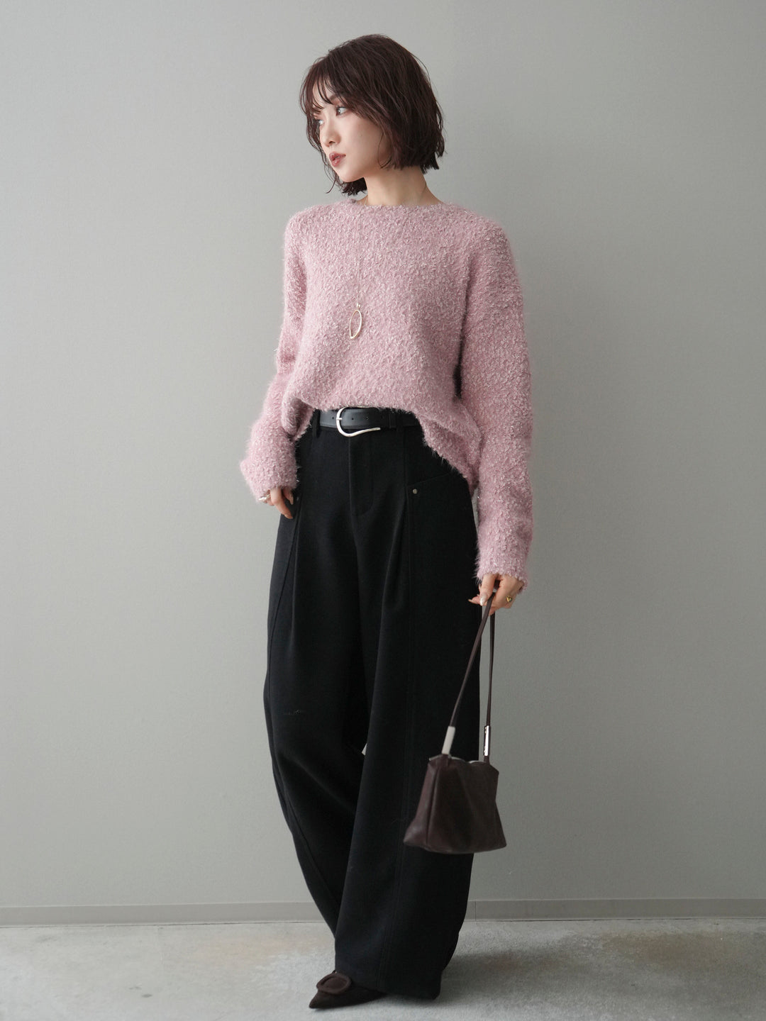 [SET]モールラメミックスヤーンニットプルオーバー+ベルト付起毛コクーンパンツ(2set)