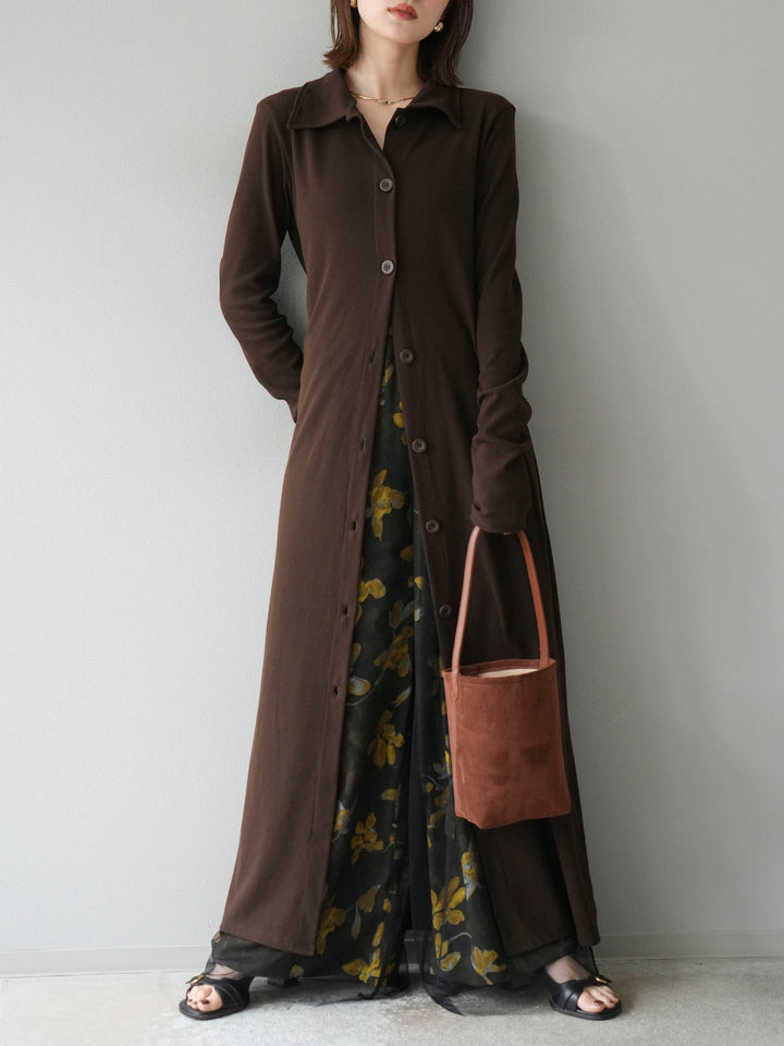 [SET]襟付きカットリブボタンワンピース+フラワープリントチュールレイヤードパンツ(2set)