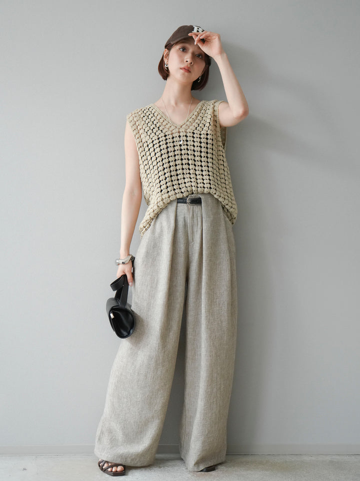 [予約]リネンライクベルト付タックループワイドパンツ/ベージュ