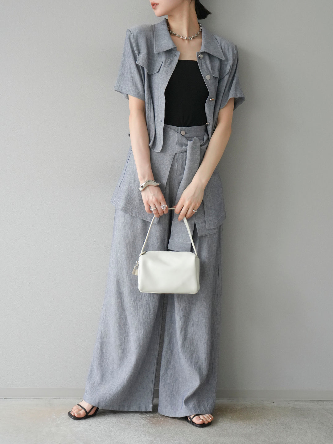 [SET]リネンタッチハーフシャツ＆ラップワイドパンツSET UP(2set)