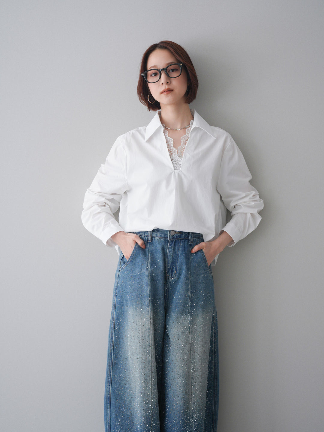 [SET]レースネックスキッパーブラウス+フロントビジューカーブデニムパンツ(2set)