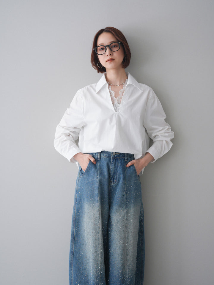 [SET]レースネックスキッパーブラウス+フロントビジューカーブデニムパンツ(2set)