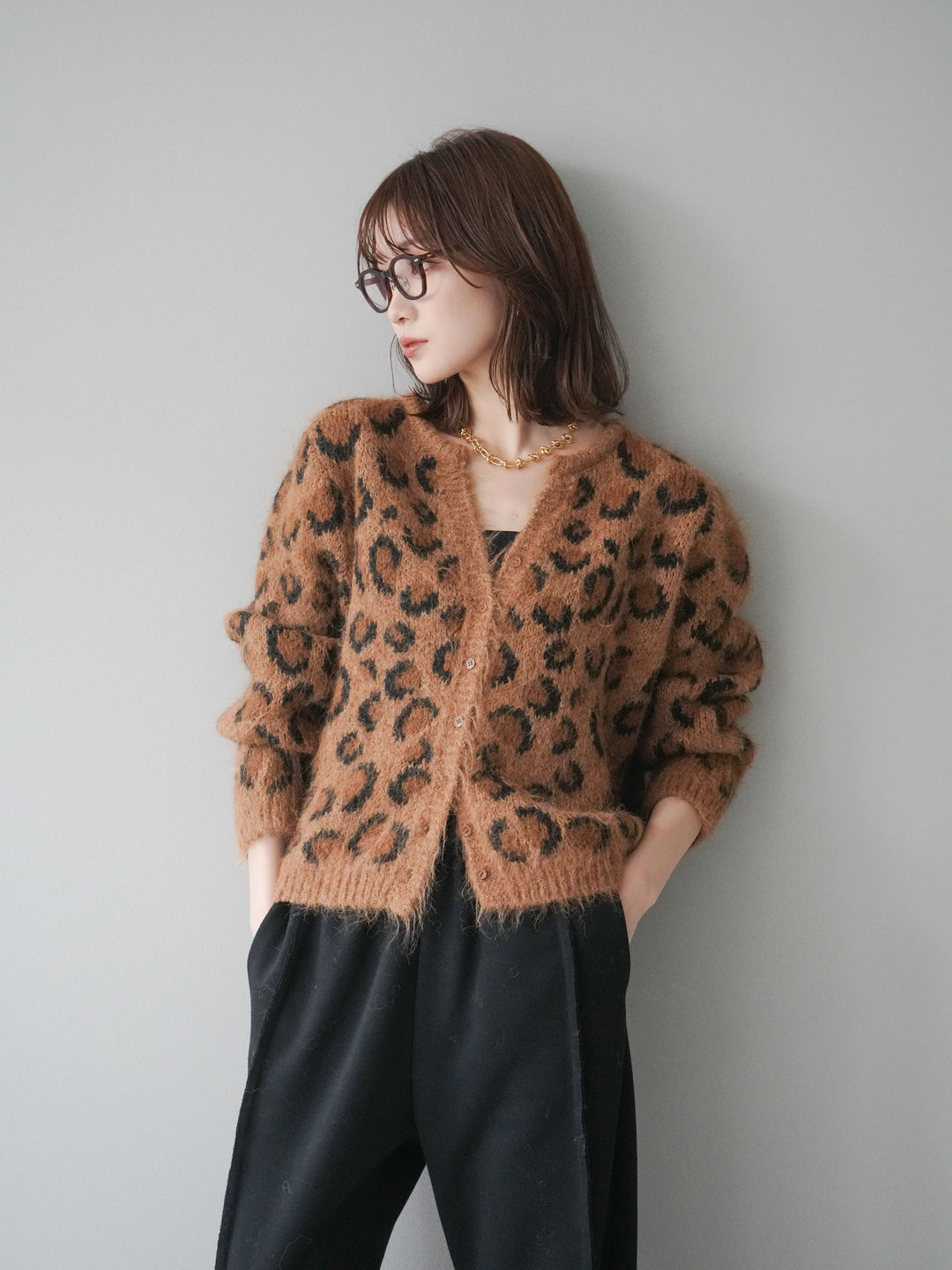 [予約]モヘアタッチレオパード柄ニットカーディガン/khaki