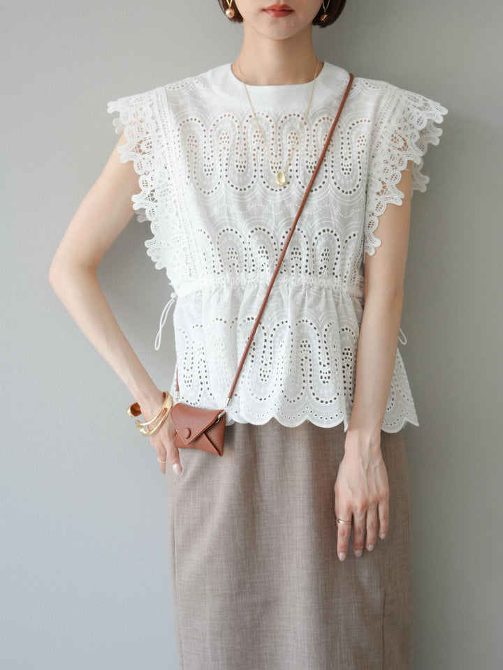 [SET] 扇貝刺繡蕾絲上衣 + 亞麻質感拉鍊開衩緊身裙（2件套）