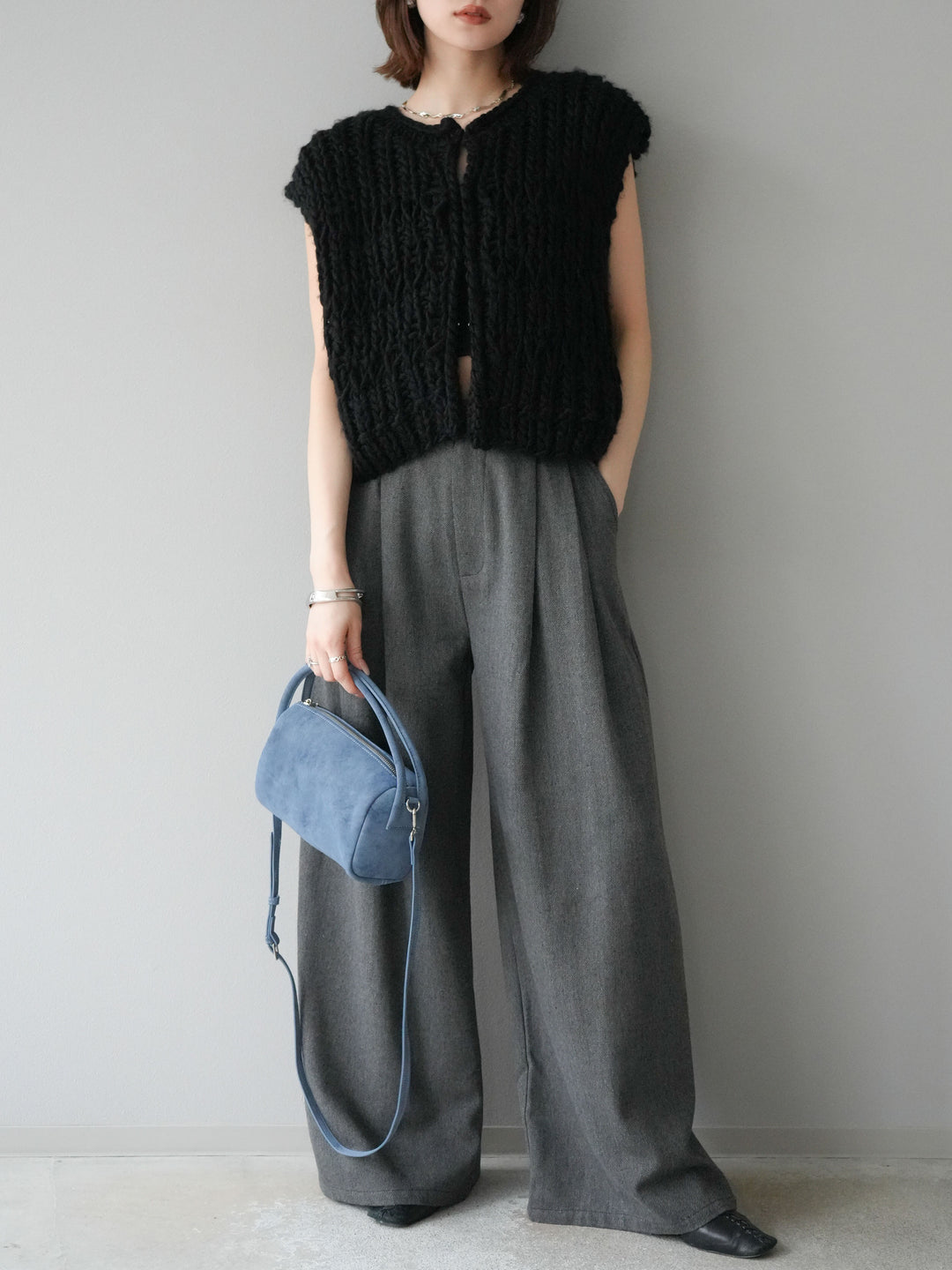 [SET] 手編繩結背心+粗花呢觸感褶皺寬褲（2件組）