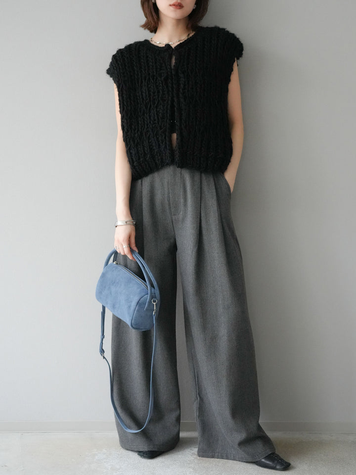 [SET] 手編繩結背心+粗花呢觸感褶皺寬褲（2件組）