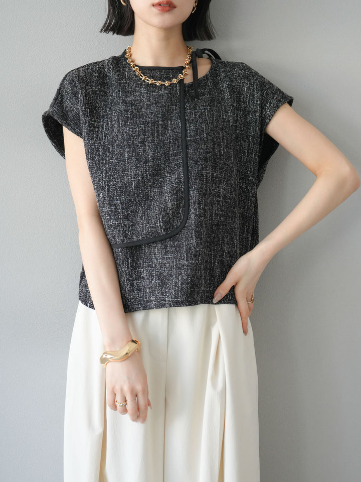 [SET]サマーツイードケープデザインプルオーバー+クレープシフォンタックワイドパンツ(2set)