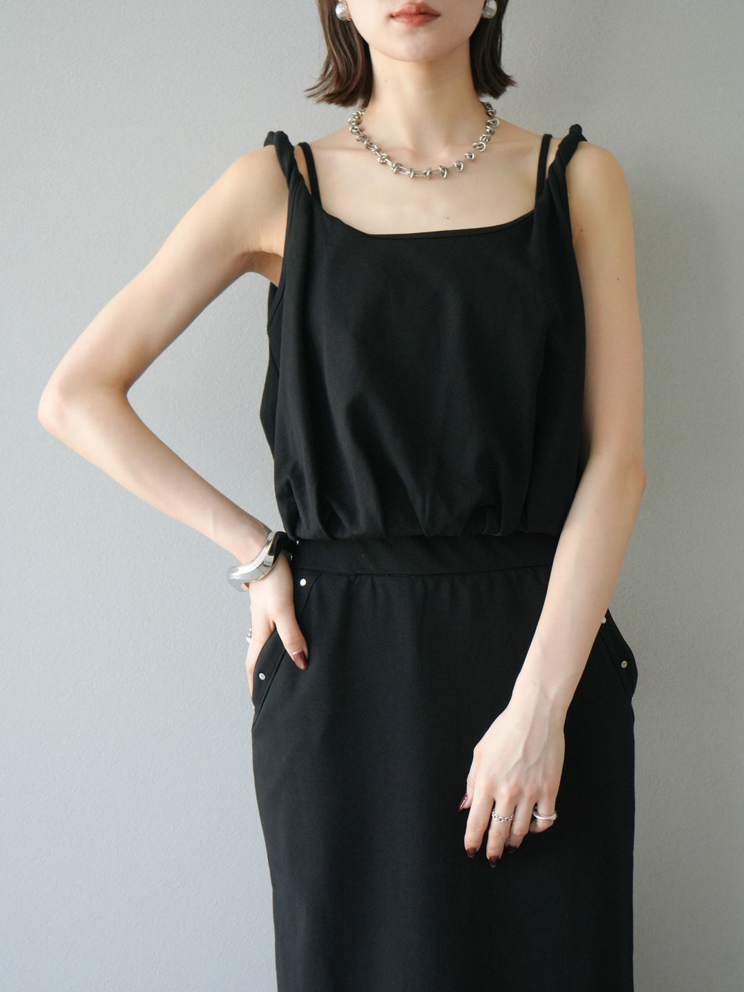 [SET]ミニ裏毛ツイストキャミバルーントップス＆Iラインスカート(2set)