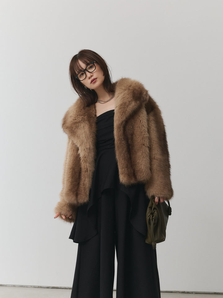 【Allure】[SET]ぺプラムベアトップス＆ワイドパンツSET UP+フェイクファービックカラージャケット(2set)