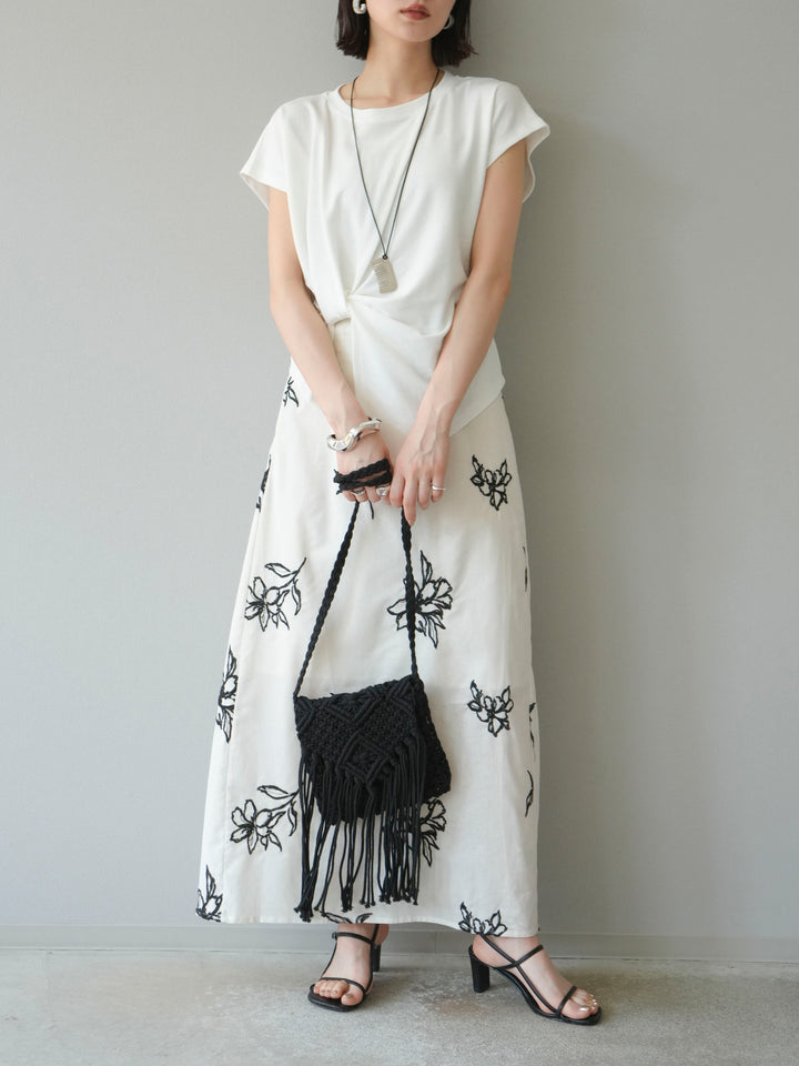[予約]フラワー刺繍ナロースカート/ホワイト