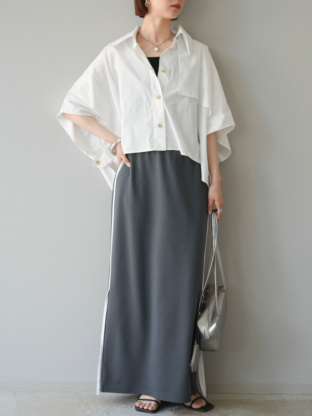 [予約]サイドラインジャージナロースカート/チャコール