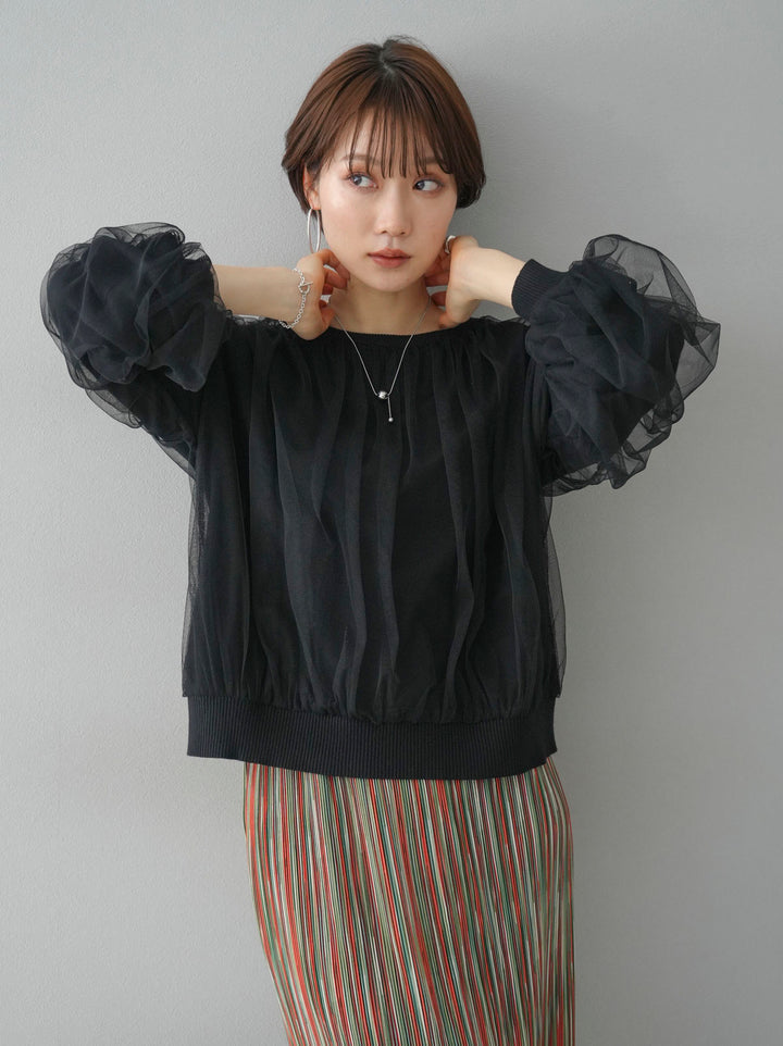 [Pre-order] Tulle layered knit top/Black