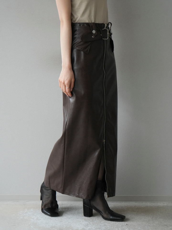 [予約]ベルトデザインレザータッチZIPタイトスカート/ブラウン