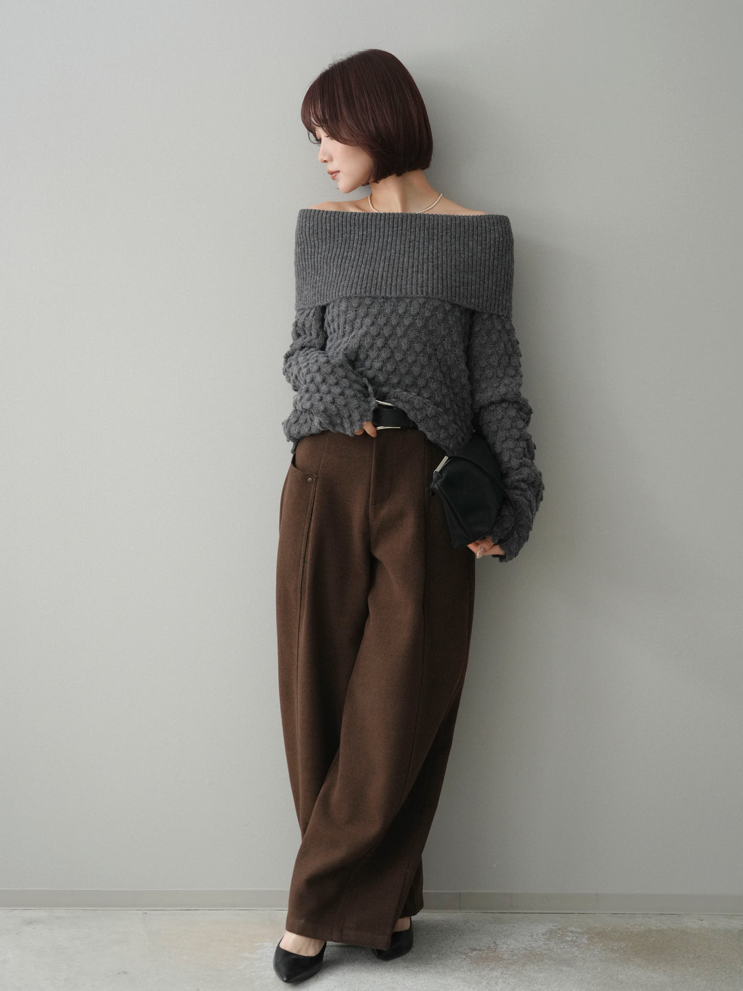 [SET]ポコポコ編みオフショルニットプルオーバー+ベルト付起毛コクーンパンツ(2set)