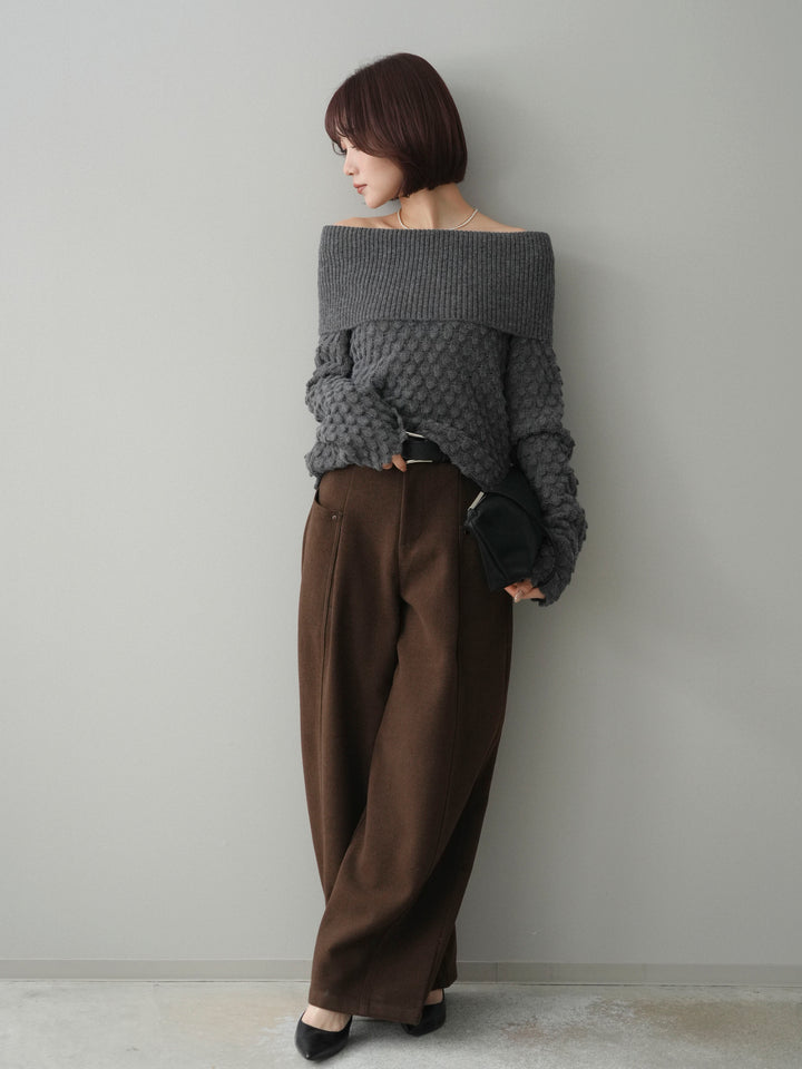 [SET]ポコポコ編みオフショルニットプルオーバー+ベルト付起毛コクーンパンツ(2set)