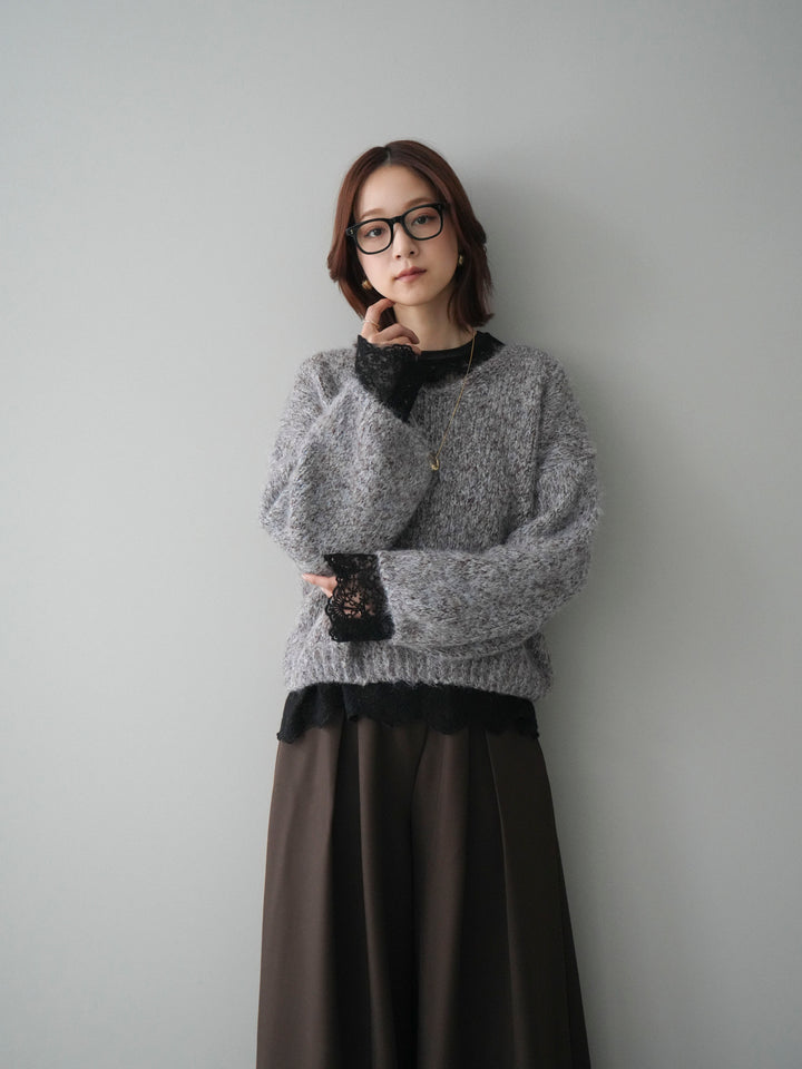 [SET]Vネックミックスヤーンニットプルオーバー+チュールレーストップス+テープベルトタックバギーパンツ(3set)