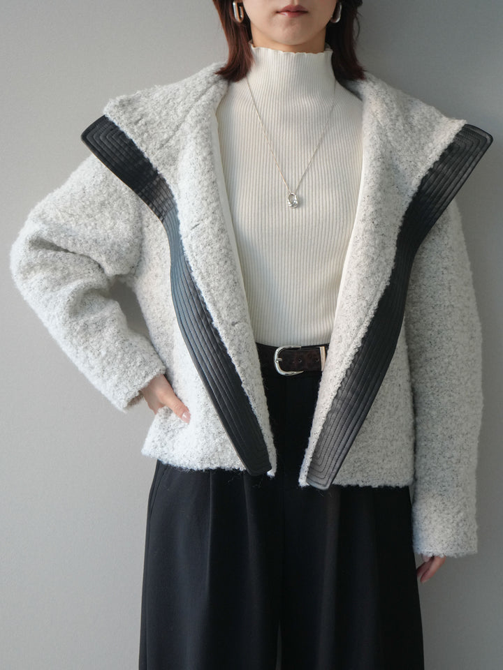 [SET]レザー切替ブークレブルゾン+アニマル柄ベルト付きウールタッチワイドパンツ(2set)