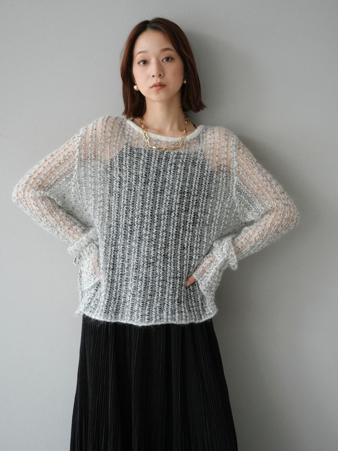 [予約]ストライプメッシュニットプルオーバー/ホワイト