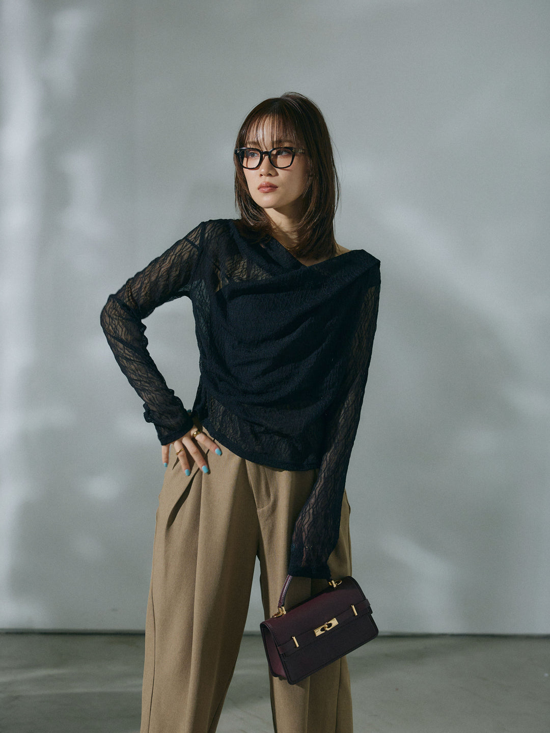 【Allure】[SET]ストレッチレースドレープトップス+アシンメトリーウエストタックパンツ(2set)