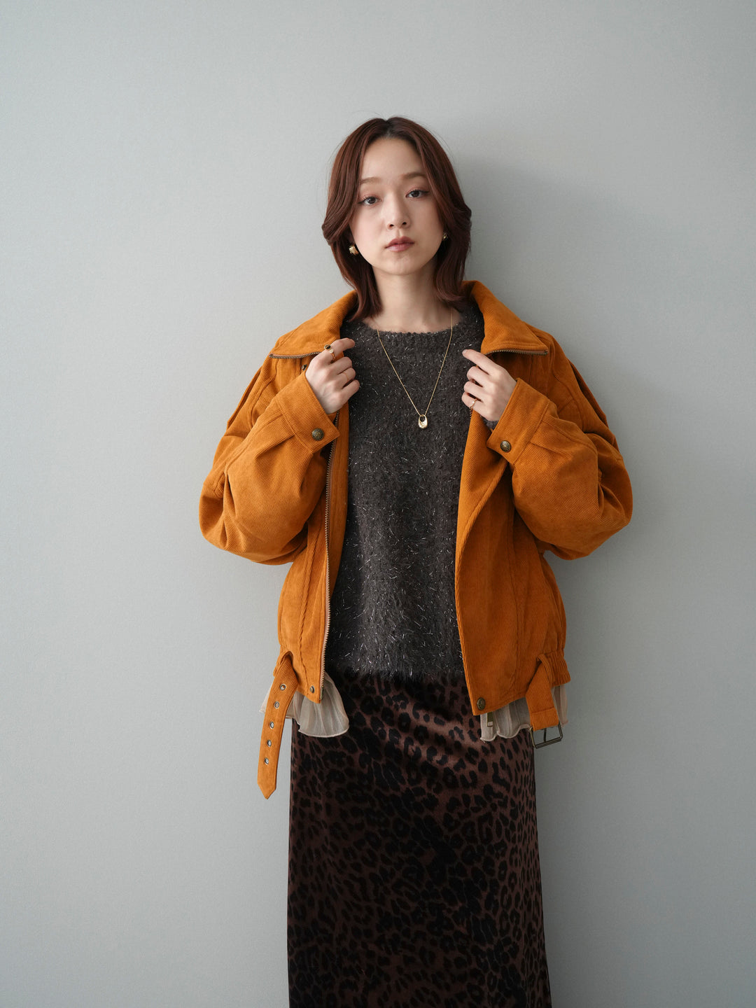 [SET]コーデュロイライダース裾レースブルゾン+モールラメミックスヤーンニットプルオーバー(2set)