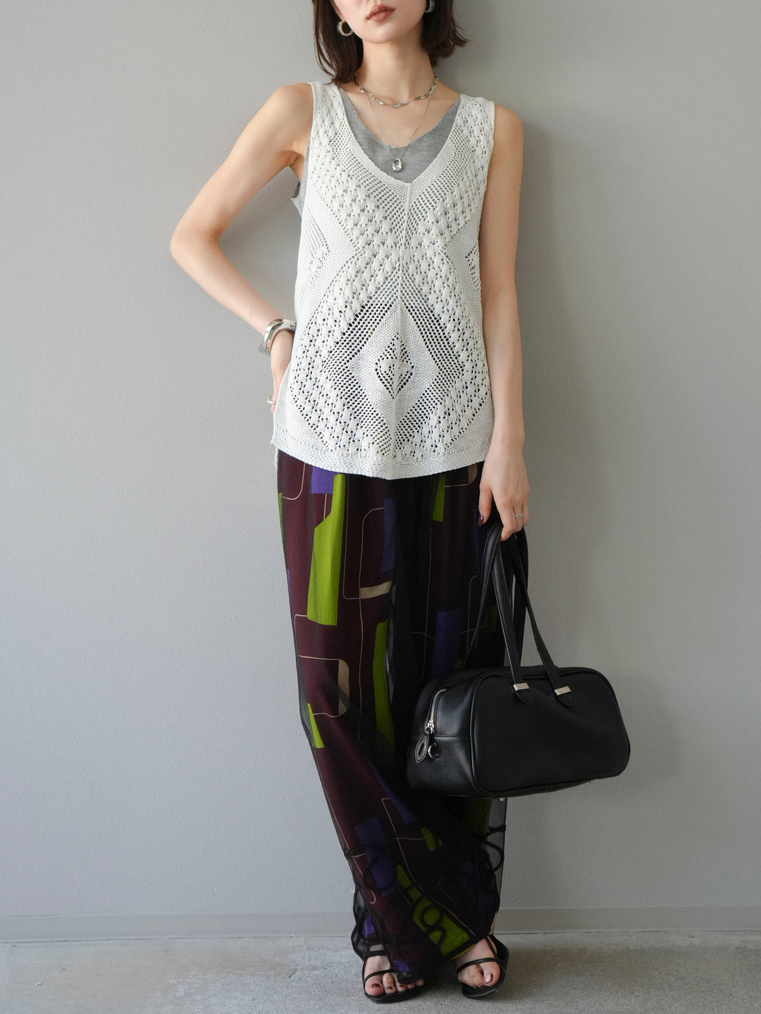 [予約]レーヨンフレックススラブレトロ柄ストレートパンツ/ワイン