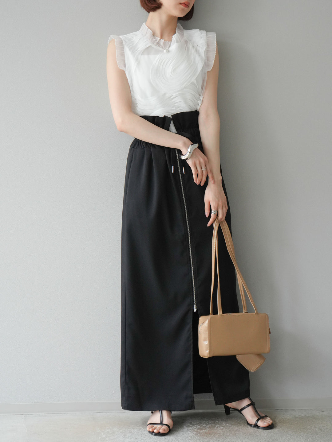 [SET]チュールジャガードノースリブラウス+ヘザーエステルギャザージップスカート(2set)