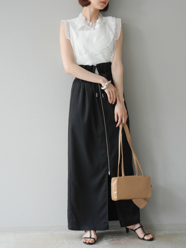 [SET]チュールジャガードノースリブラウス+ヘザーエステルギャザージップスカート(2set)