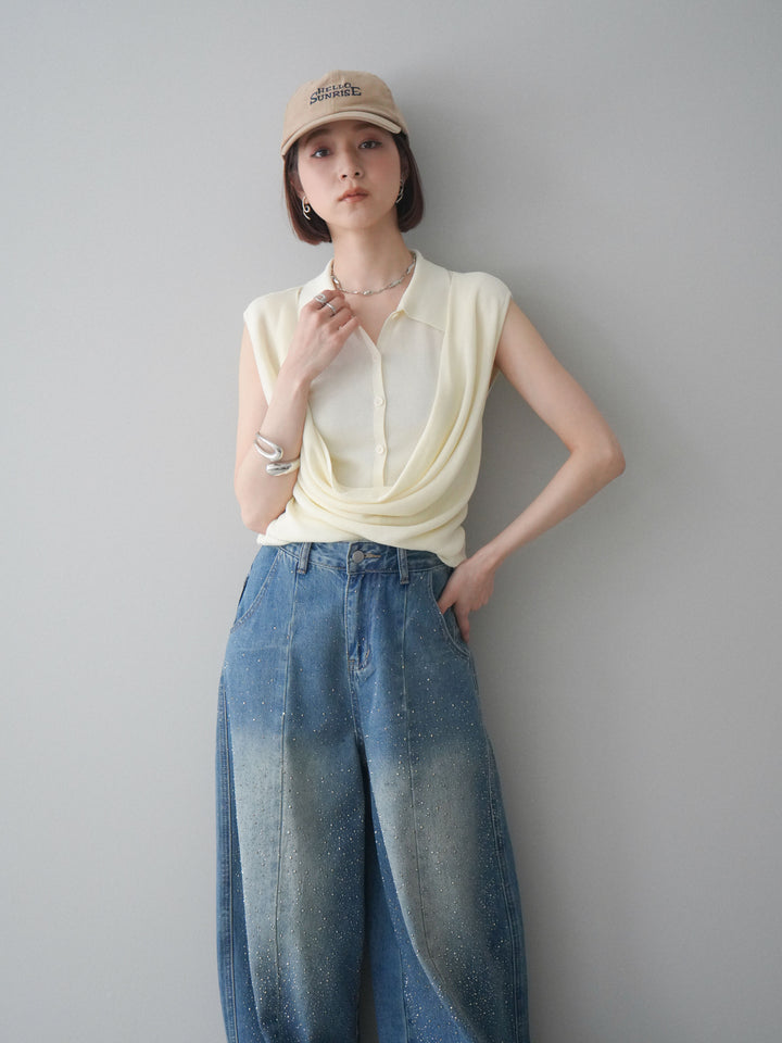 [SET]ノースリーブドレープニットトップス+フロントビジューカーブデニムパンツ(2set)