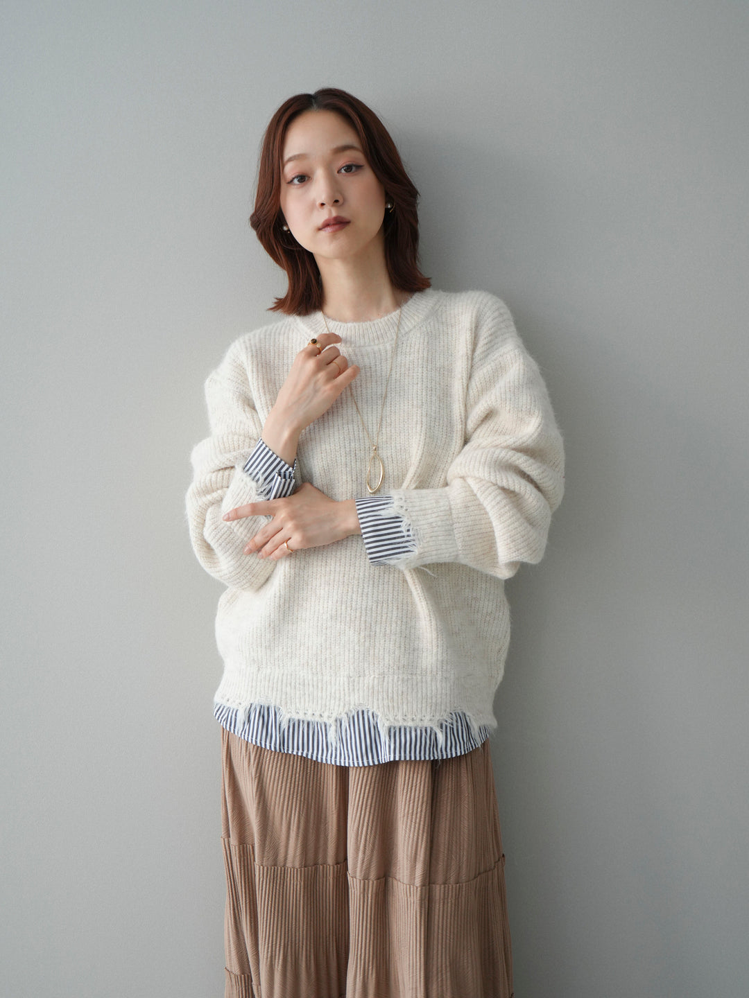 [SET]裾シャツレイヤードダメージニットプルオーバー+裾シャツレイヤードダメージニットプルオーバー(2set)