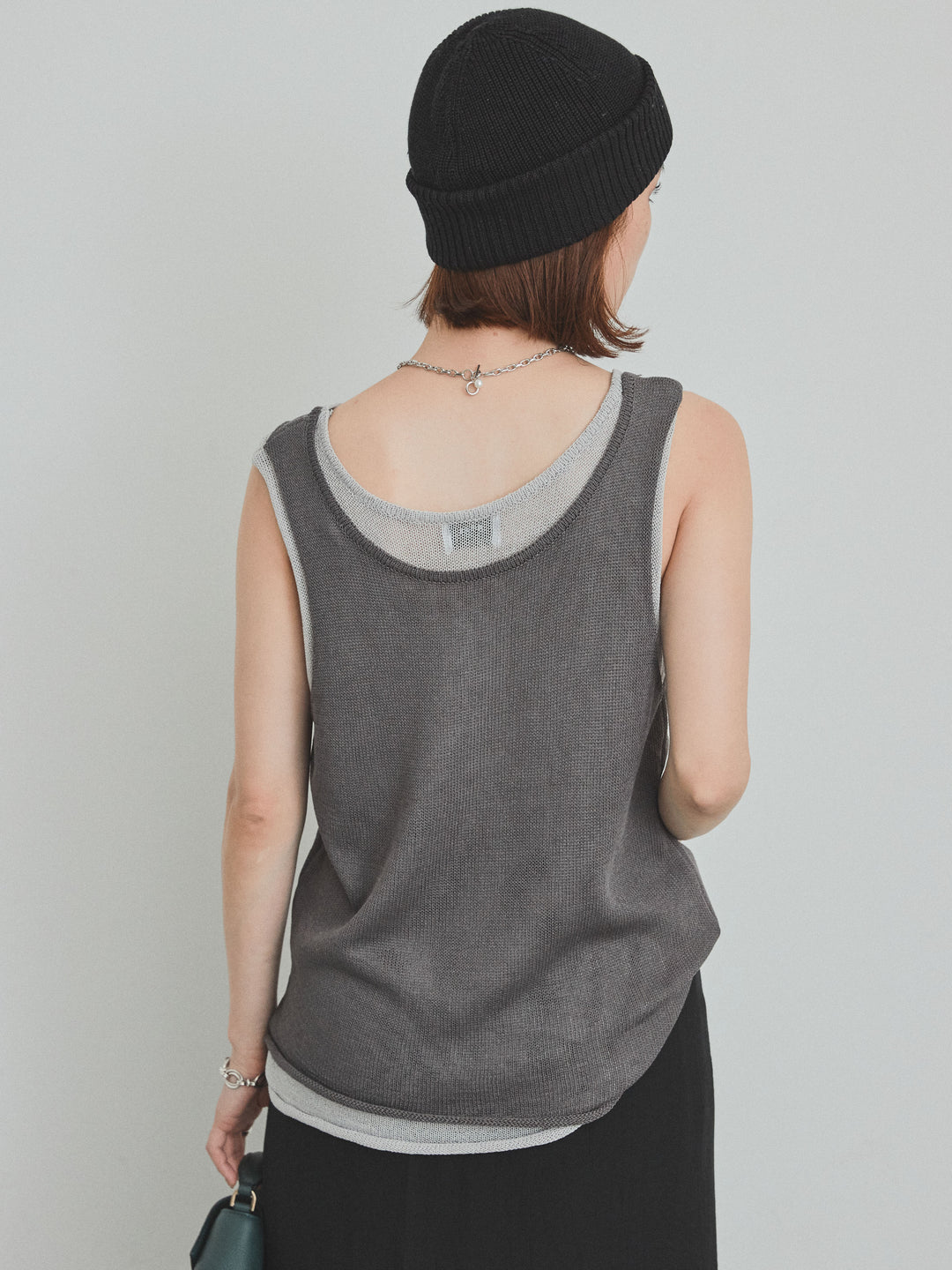 [SET]バイカラーレイヤードニットタンクトップ+ワッシャーサテンレイヤードスカートパンツ(2set)