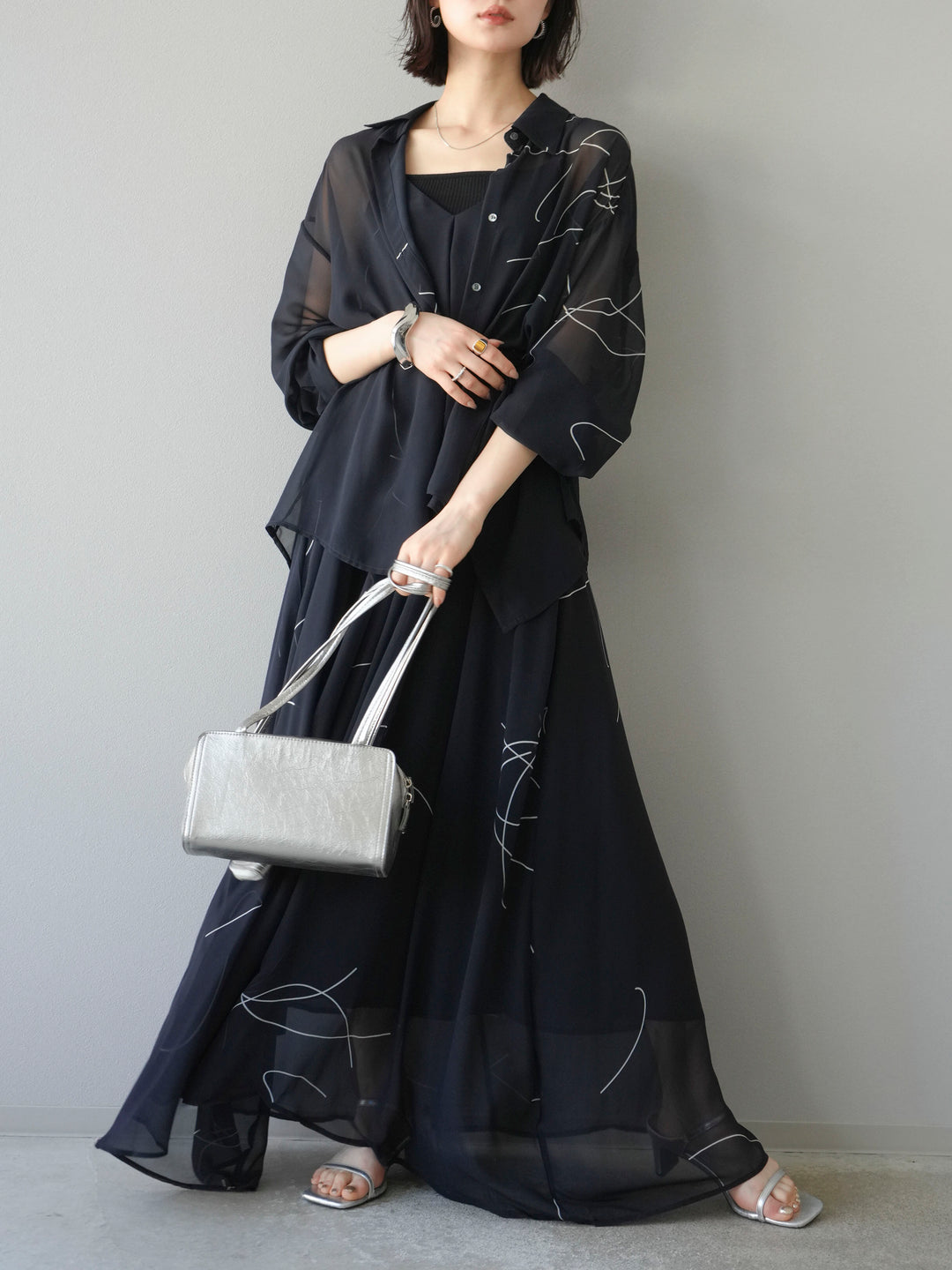 [SET]ペンタッチシフォンキャミワンピース+ペンタッチシフォンシャツ(2set)