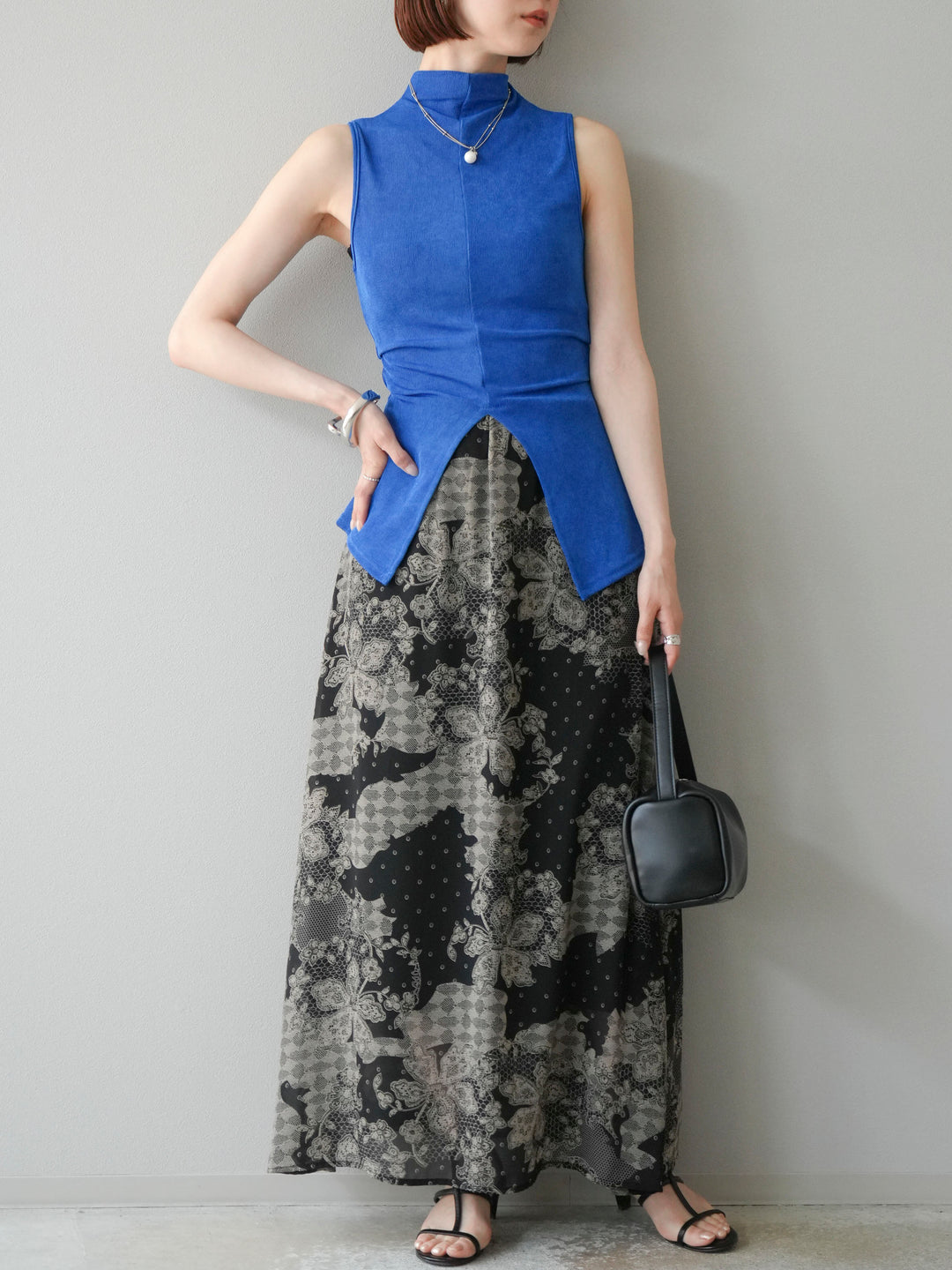 [予約]フラワーパターンフレアスカート/ブラック