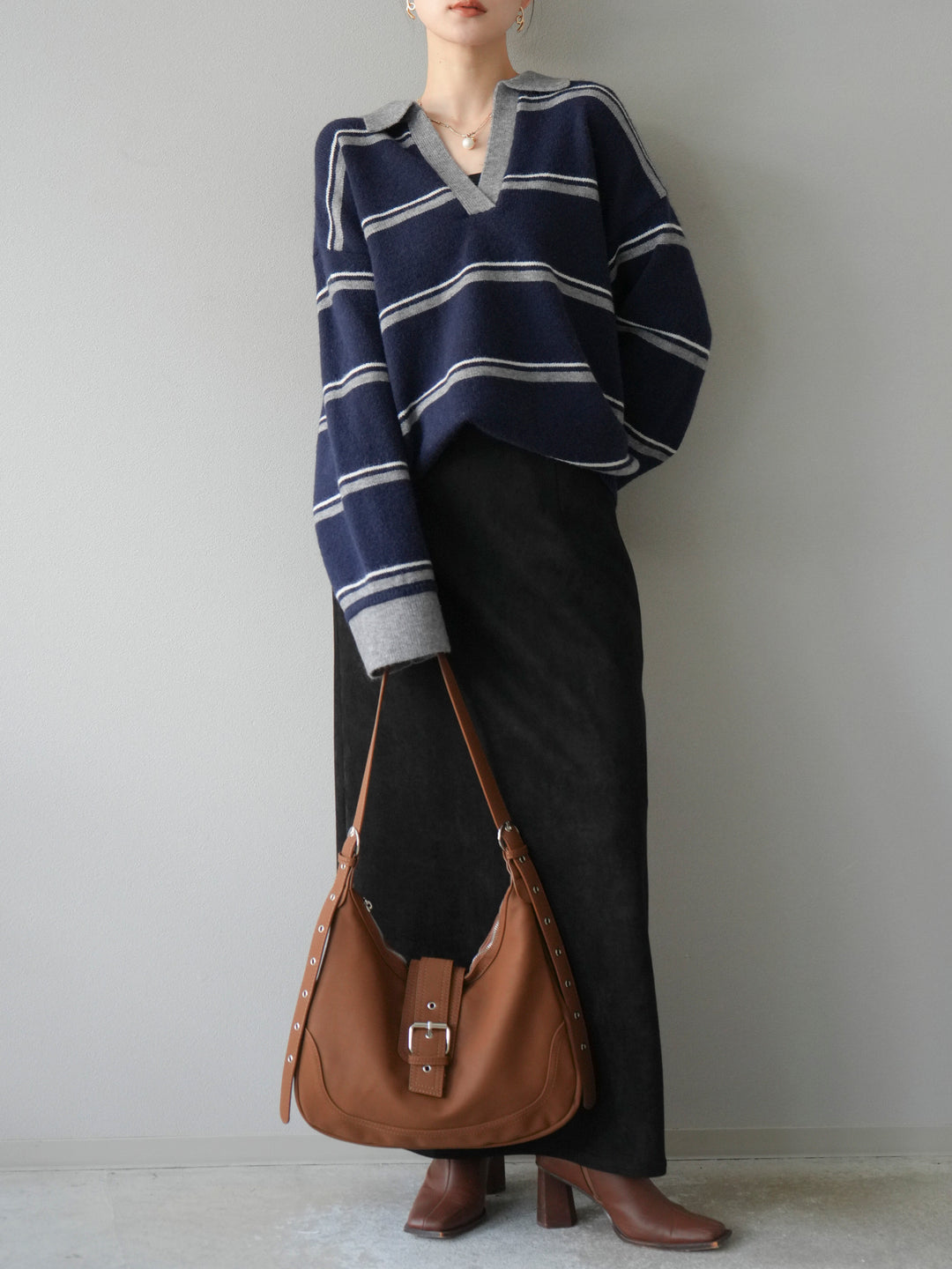 [予約]ポロ襟スキッパーボーダーニットプルオーバー/ネイビー