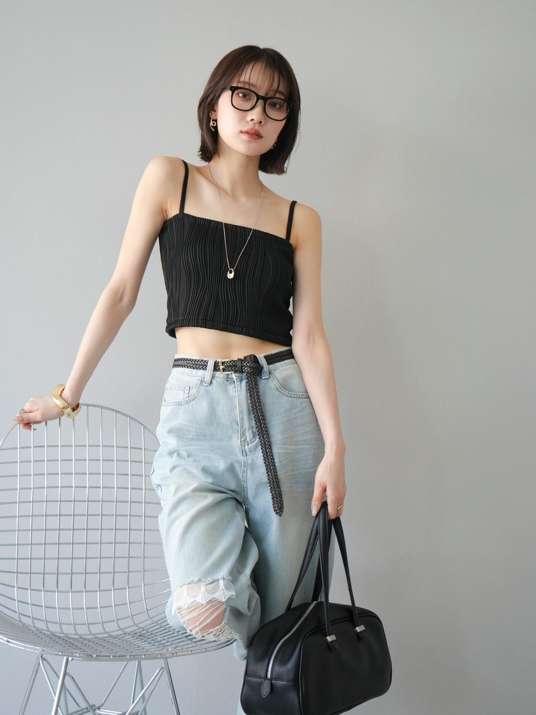 【預購】波浪滾邊杯裸色吊帶背心/黑色