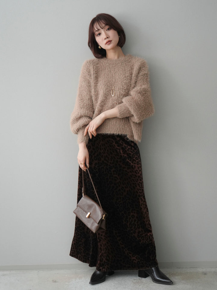 [SET]ボリュームスリーブシャギー MIXニットプルオーバー+レオパードベロアナロースカート(2set)