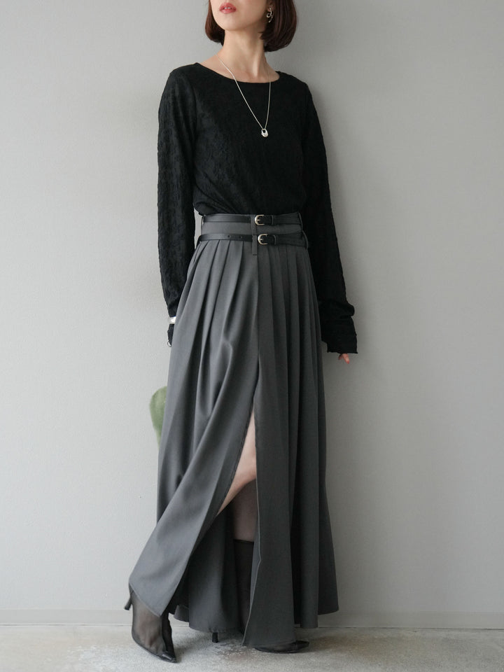 [SET]シアージャガードトップス+エステルプリーツスリットスカート(2set)