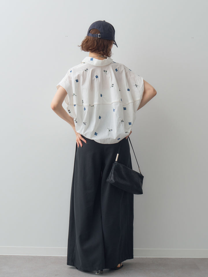 【套裝】花卉刺繡燈籠無袖襯衫+腰帶設計環扣闊腿褲（兩件套）