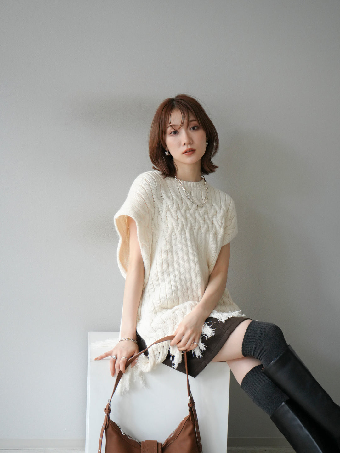 [予約]ケーブルニットフリンジベスト/ベージュ