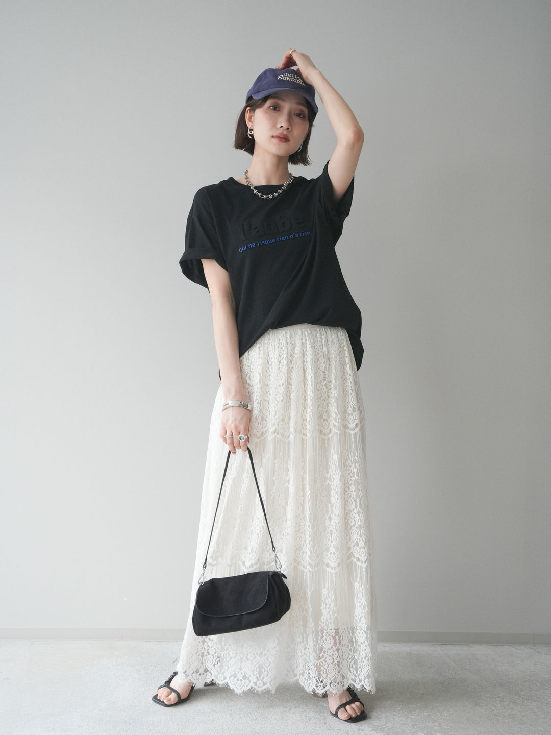 [SET]エンボスロゴTEE+裏プリーツ総レースロングスカート(2set)