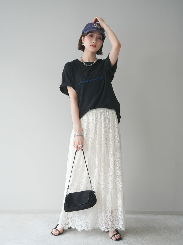 [SET]エンボスロゴTEE+裏プリーツ総レースロングスカート(2set)