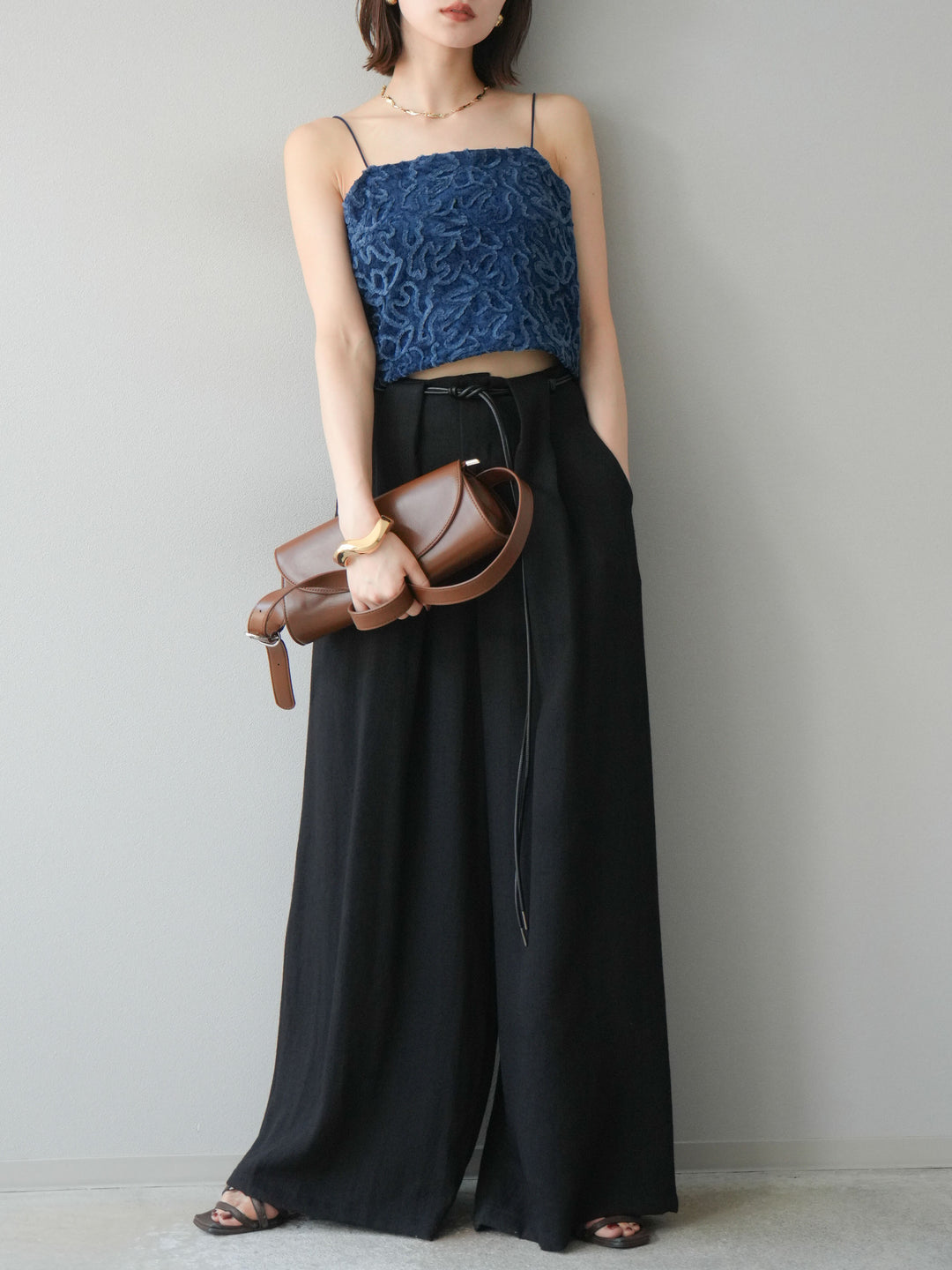 [予約]ロープデザインベルトリネンタッチワイドパンツ/ブラック