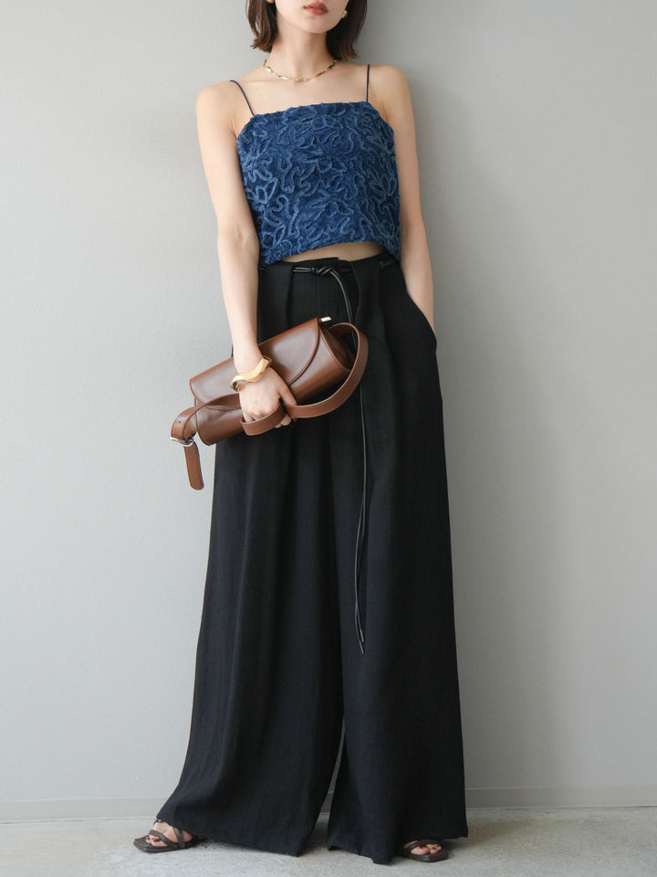 [予約]ロープデザインベルトリネンタッチワイドパンツ/ブラック