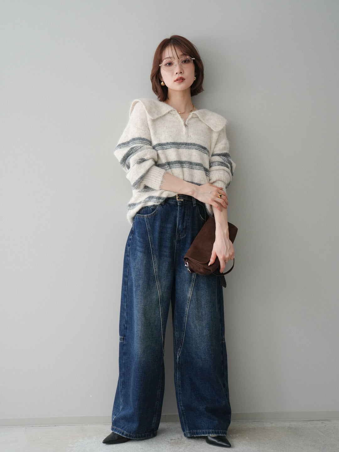 [SET]ハーフジップボーダーニットプルオーバー+裏起毛加工デニムカーブパンツ(2set)