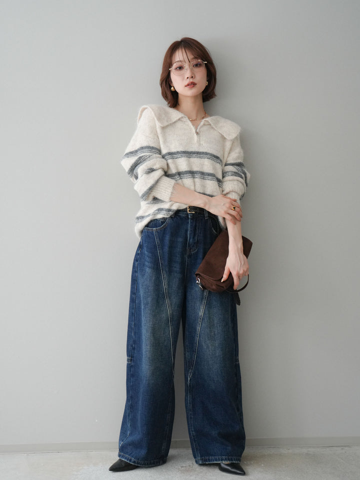 [SET]ハーフジップボーダーニットプルオーバー+裏起毛加工デニムカーブパンツ(2set)