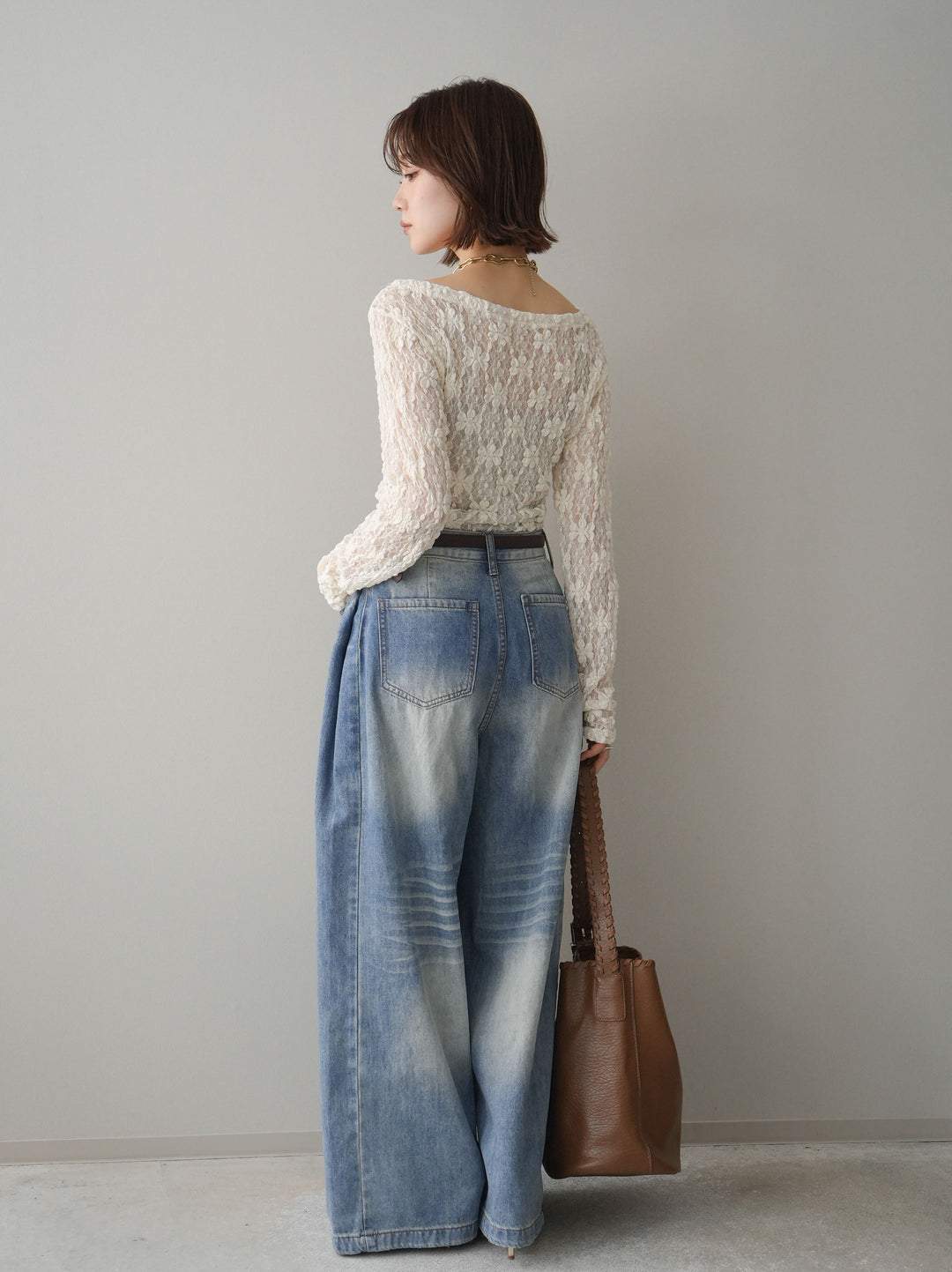 [SET]サイドギャザーレーストップス+フロントポケットサイドタックワイドデニム(2set)