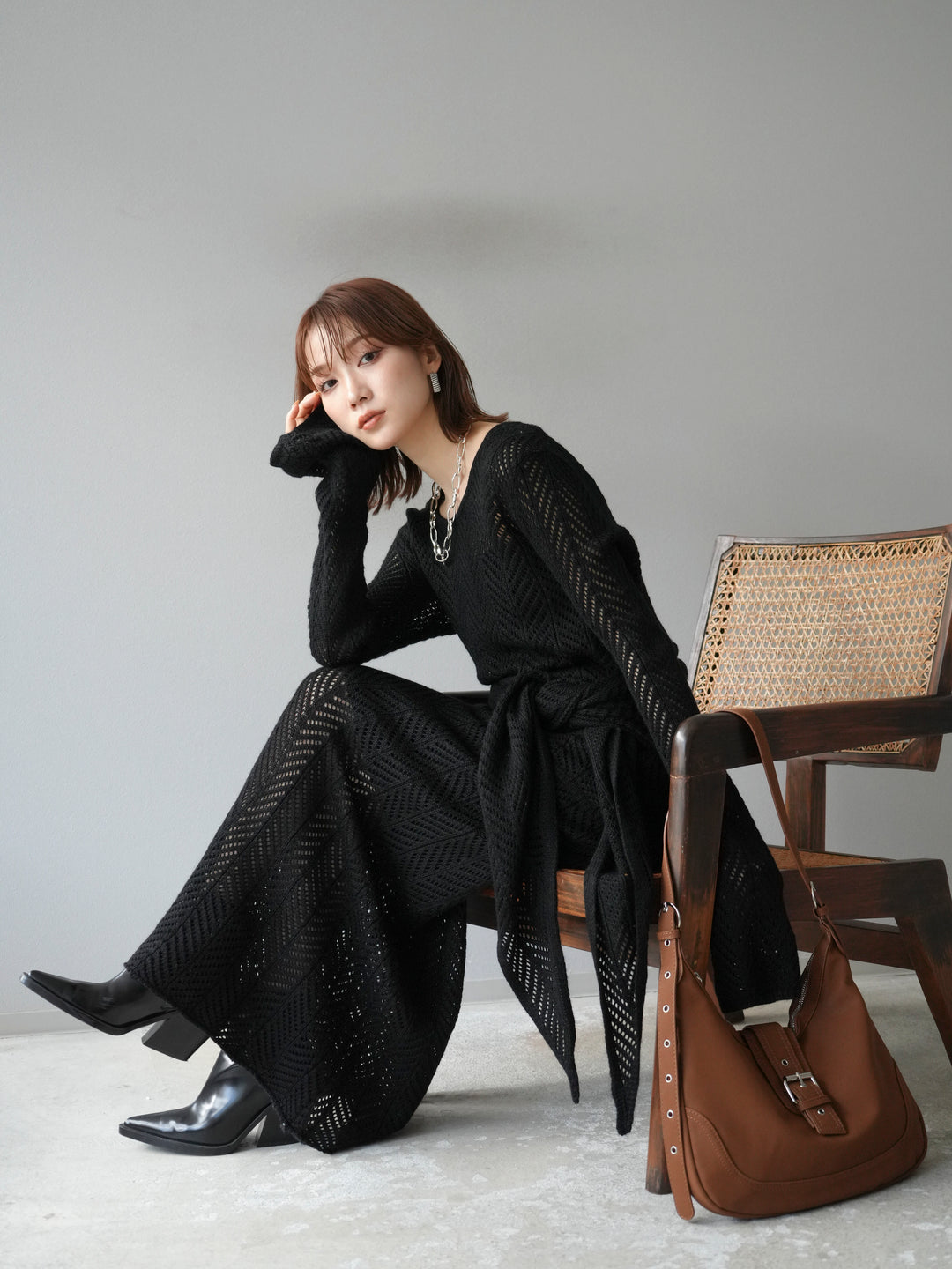 [予約]透かし編みニットトップス/ブラック