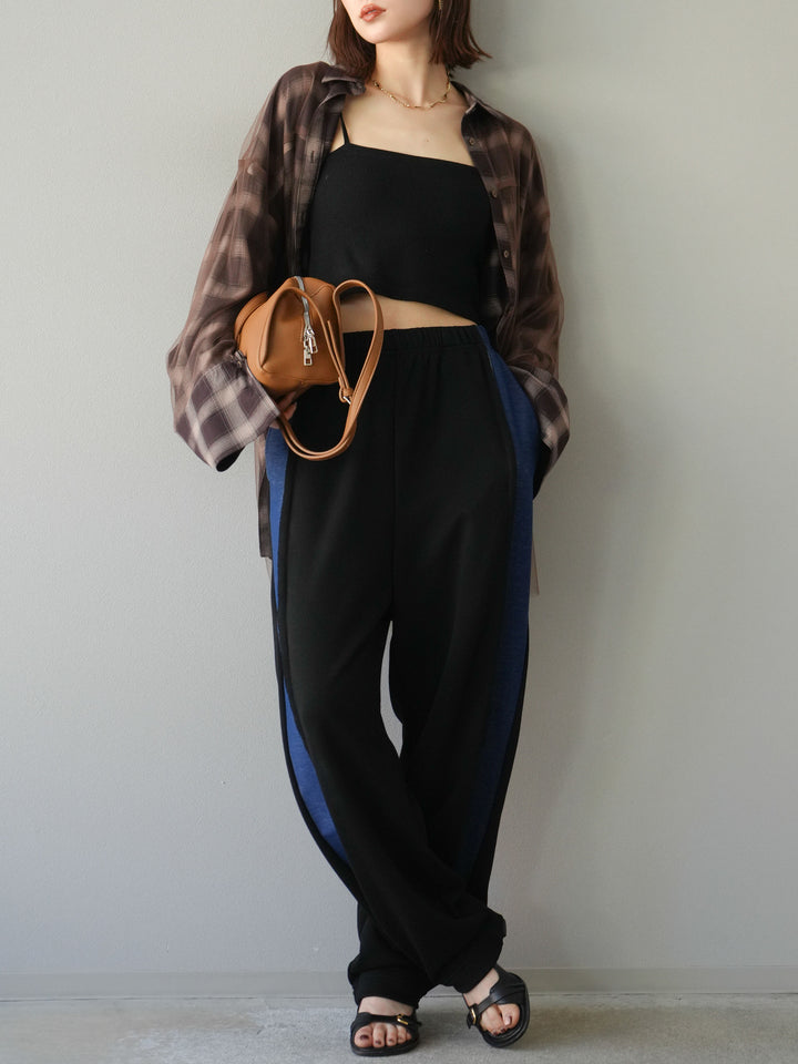 [套裝] 薄紗對接格紋寬鬆襯衫 + 牛仔布 Switch 2-Way 設計運動褲 (2 套)