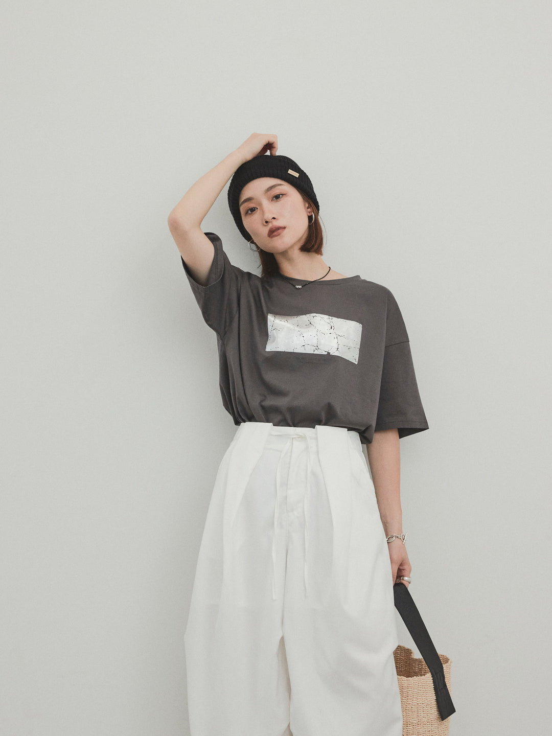 [予約]箔プリントドライタッチコットンTEE /チャコール