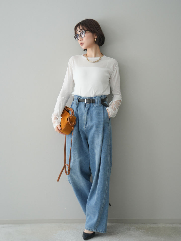 [予約]袖レースレイヤードデザインメロートップス/white